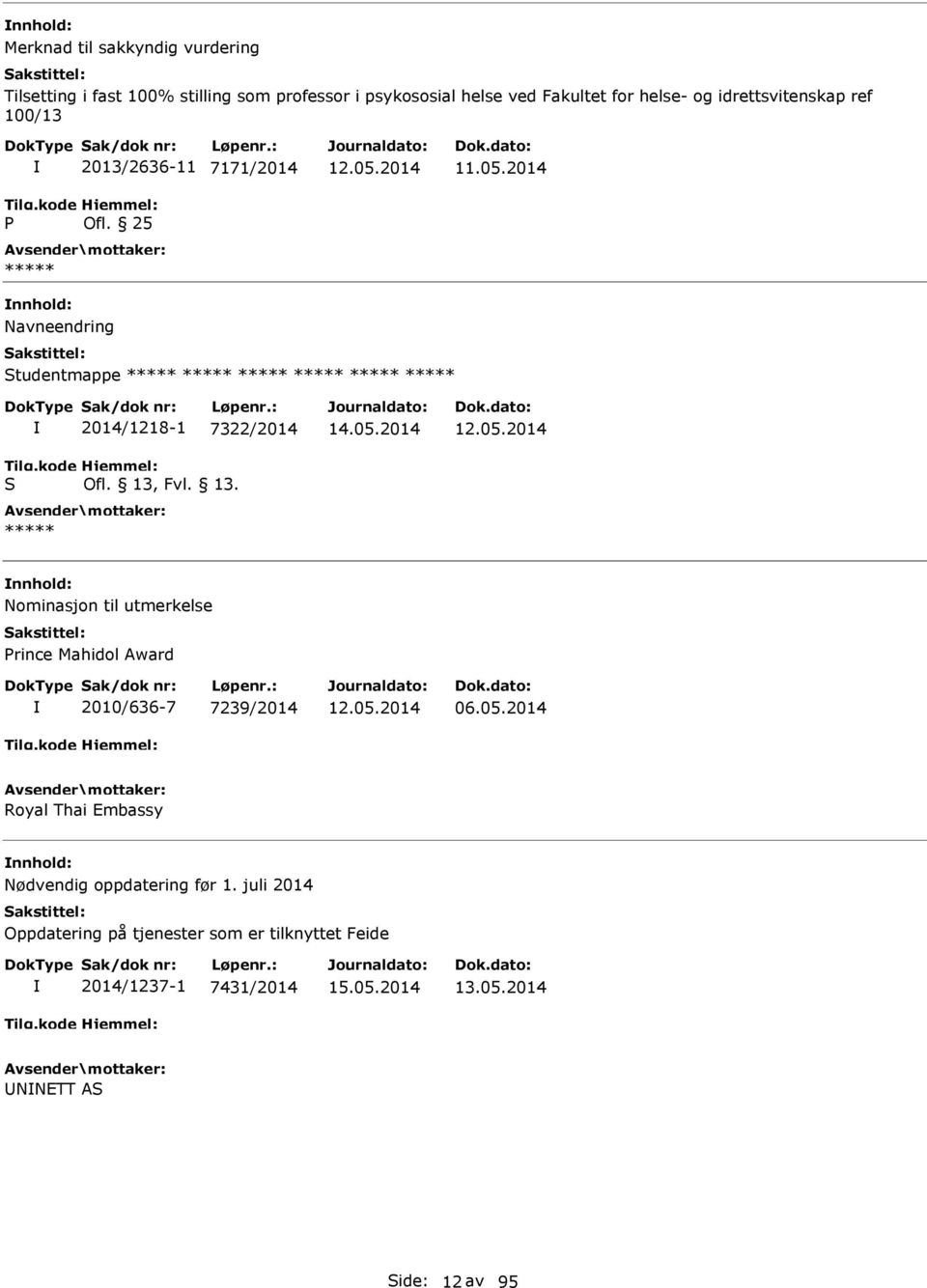 2014 Navneendring tudentmappe 2014/1218-1 7322/2014 Nominasjon til utmerkelse Prince Mahidol Award 2010/636-7