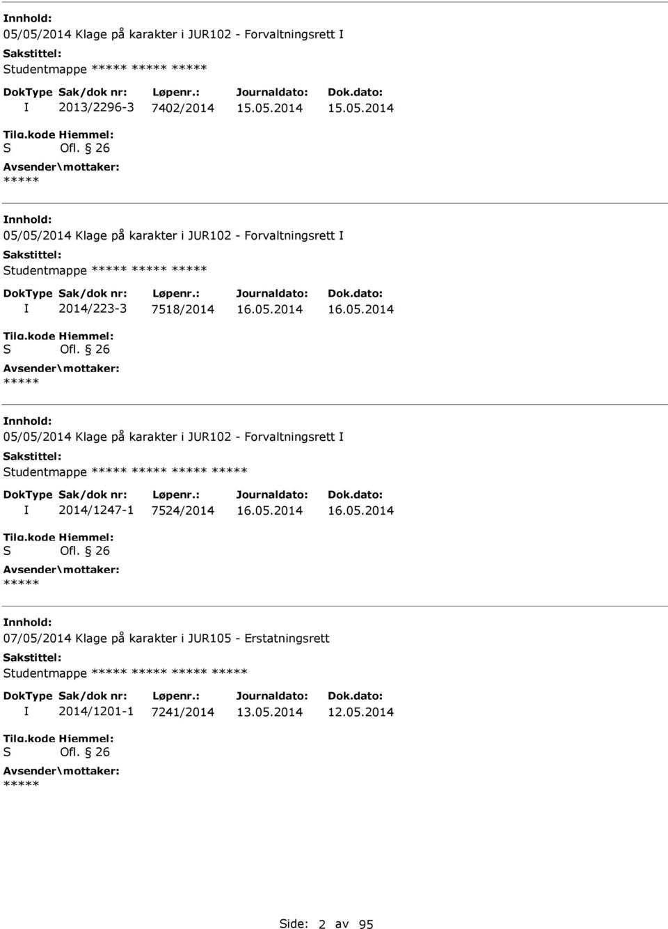 26 05/05/2014 Klage på karakter i JR102 - Forvaltningsrett tudentmappe 2014/1247-1 7524/2014 Ofl.