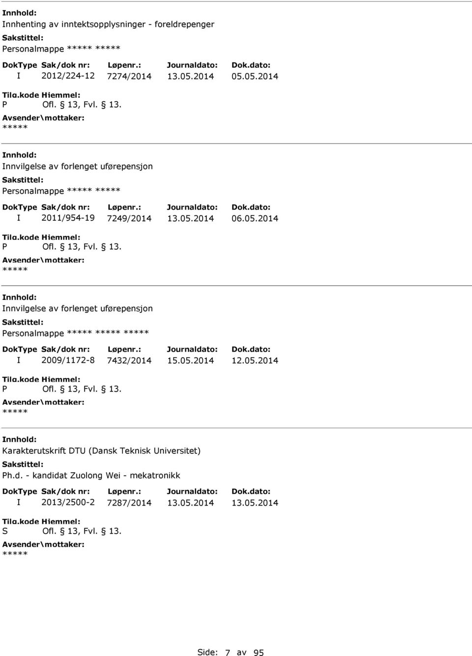 nnvilgelse av forlenget uførepensjon Personalmappe P 2009/1172-8 7432/2014 Karakterutskrift DT