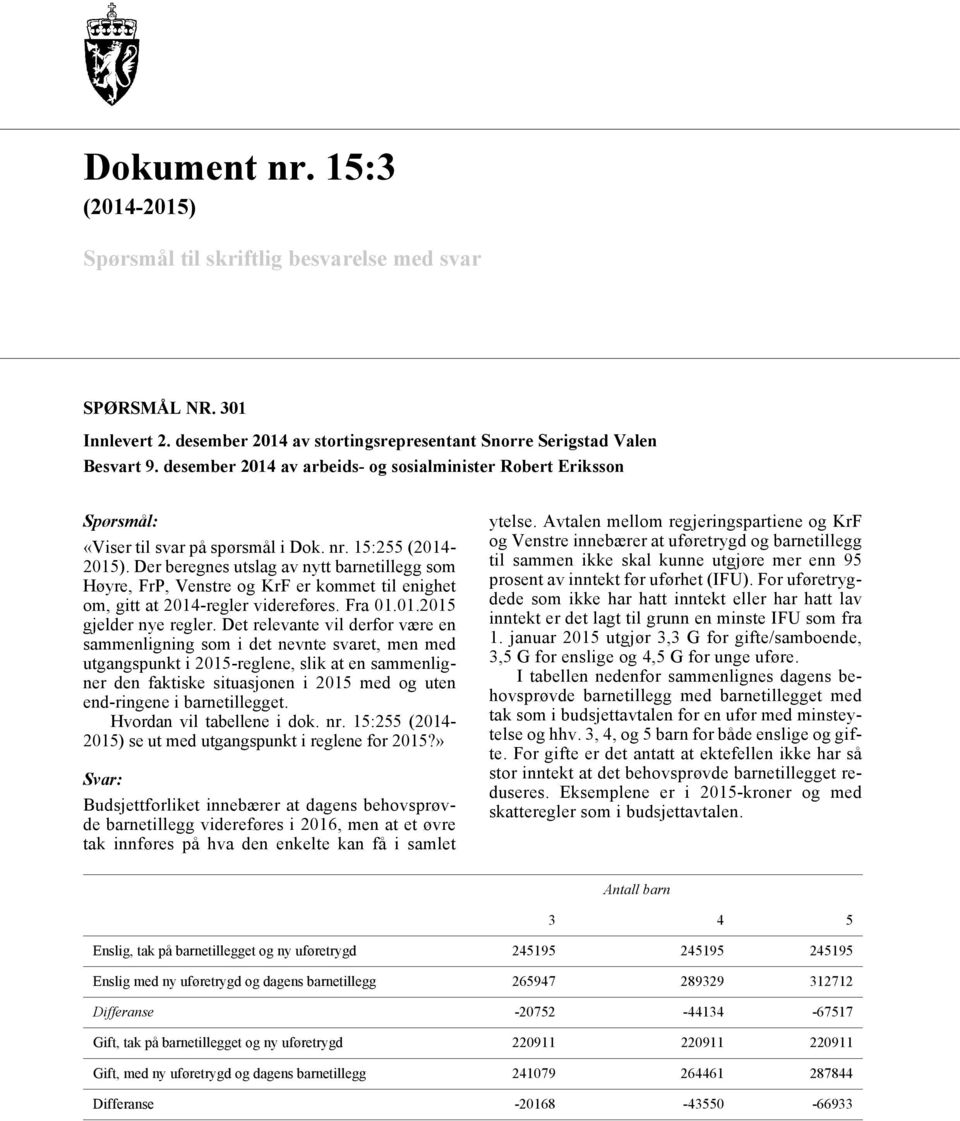 desember 2014 av arbeids- og sosialminister Robert Eriksson «Viser til svar på spørsmål i Dok. nr. 15:255 (2014-2015).