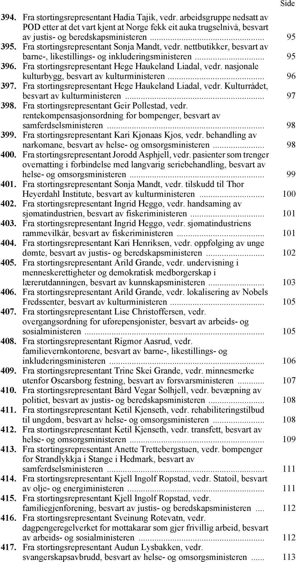 nasjonale kulturbygg, besvart av kulturministeren... 96 397. Fra stortingsrepresentant Hege Haukeland Liadal, vedr. Kulturrådet, besvart av kulturministeren... 97 398.