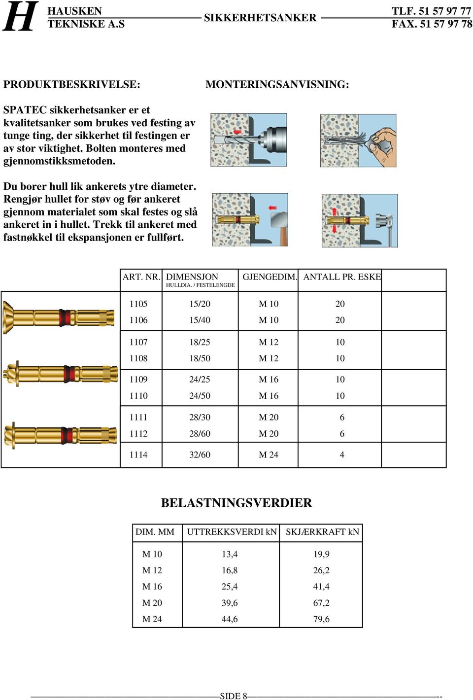 Trekk til ankeret med fastnøkkel til ekspansjonen er fullført. DIMENSJON HULLDIA. / FESTELENGDE GJENGEDIM. PR.