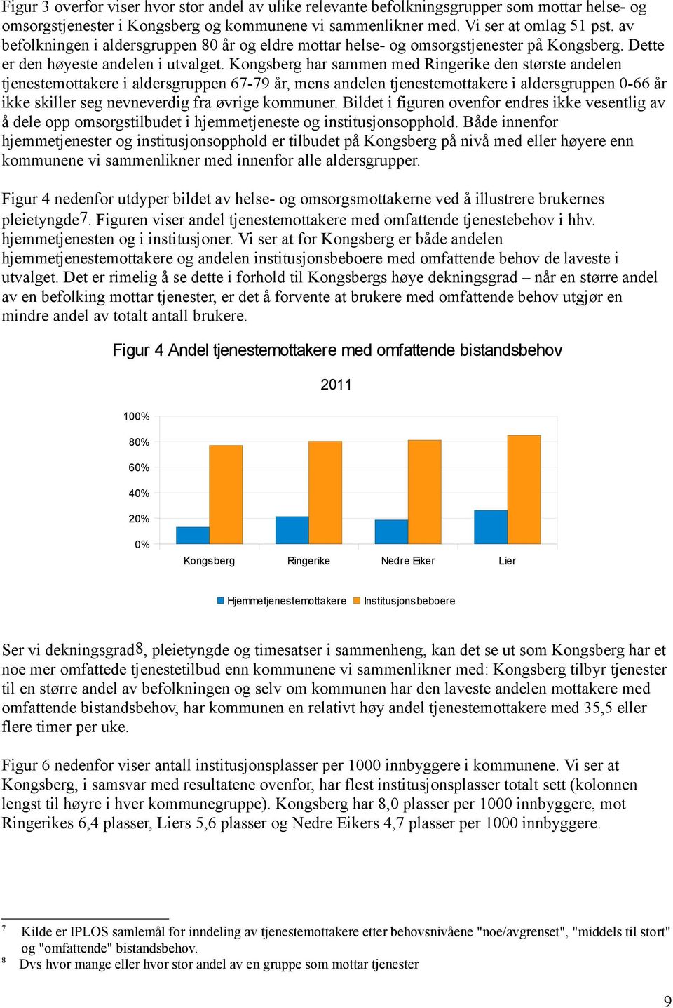 Kongsberg har sammen med Ringerike den største andelen tjenestemottakere i aldersgruppen 67-79 år, mens andelen tjenestemottakere i aldersgruppen 0-66 år ikke skiller seg nevneverdig fra øvrige