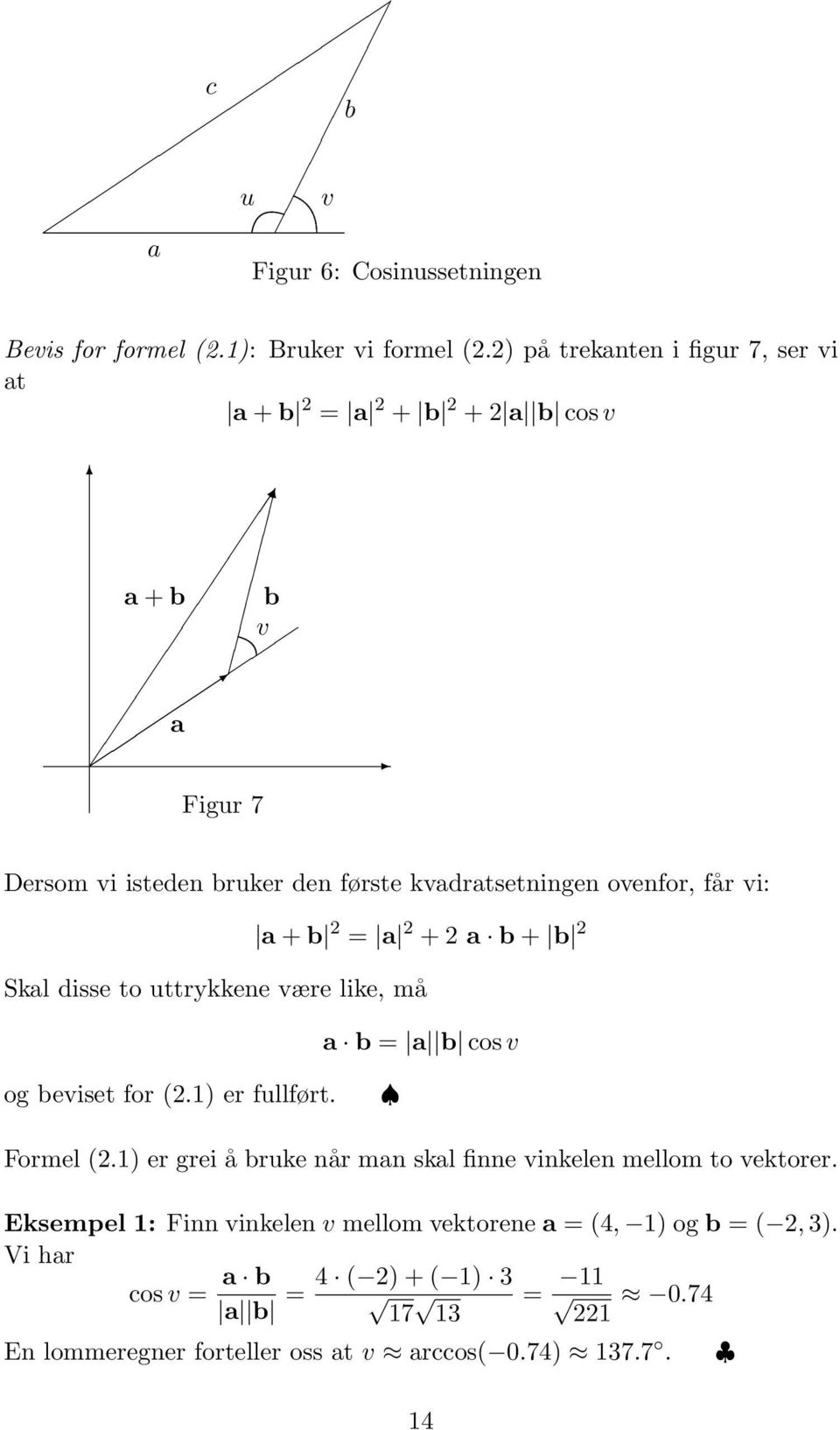 vi: a + b 2 = a 2 + 2 a b + b 2 Skal disse to uttrykkene være like, må a b = a b cos v og beviset for (2.1) er fullført. Formel (2.