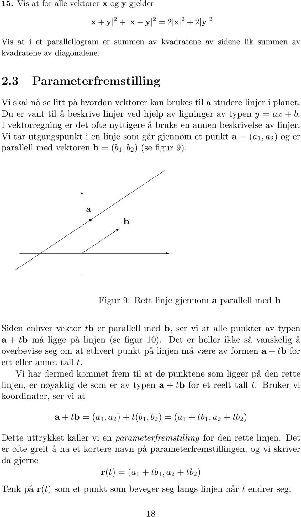 Vi tar utgangspunkt i en linje som går gjennom et punkt a = (a 1, a 2 ) og er parallell med vektoren b = (b 1, b 2 ) (se figur 9).