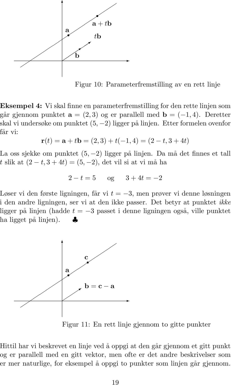 Da må det finnes et tall t slik at (2 t, 3 + 4t) = (5, 2), det vil si at vi må ha 2 t = 5 og 3 + 4t = 2 Løser vi den første ligningen, får vi t = 3, men prøver vi denne løsningen i den andre