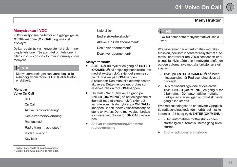 Menytre Volvo On Call SOS On Call Aktiver radiooverføring 1 Deaktiver radiooverføring 1 Radiosend. 2 Radio transm. activated 1 Kode f. r-send.