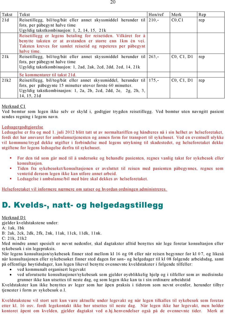 21k Reisetillegg, bil/tog/båt eller annet skyssmiddel herunder til 263,- C0, C1, D1 rep fots, per påbegynt halve time Ugyldig takstkombinasjon: 1, 2ad, 2ak, 2cd, 2dd, 2ed, 14, 21k 21k2 Se kommentarer