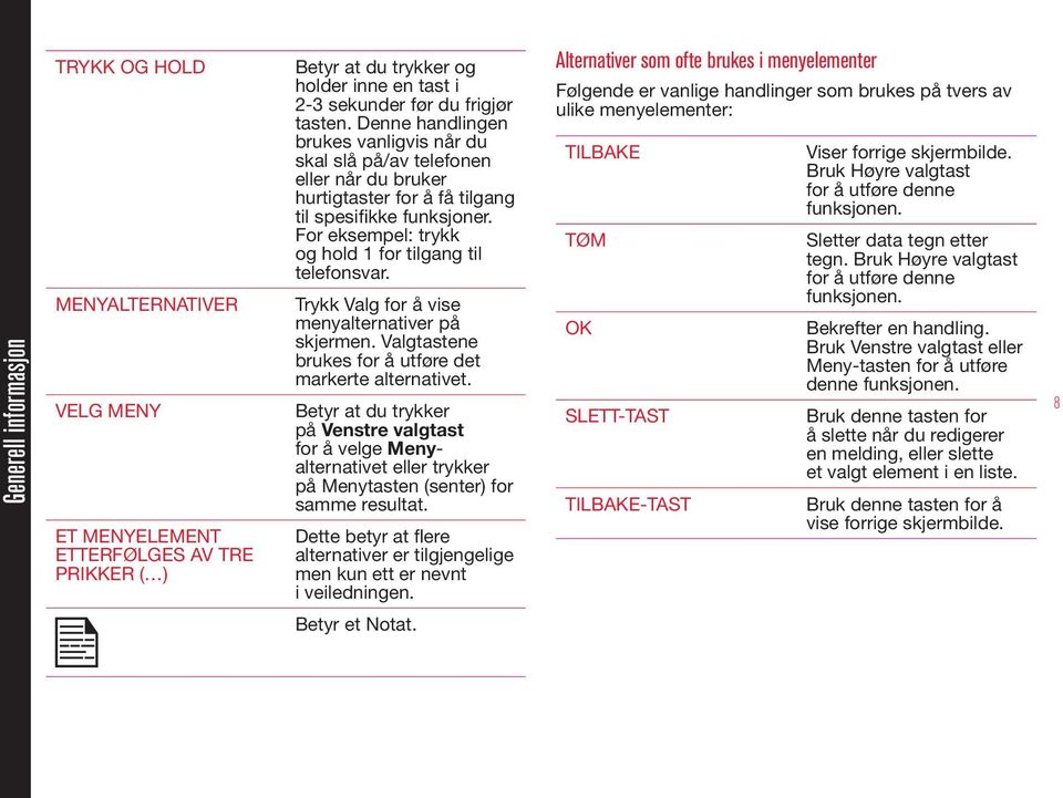 For eksempel: trykk og hold 1 for tilgang til telefonsvar. Trykk Valg for å vise menyalternativer på skjermen. Valgtastene brukes for å utføre det markerte alternativet.