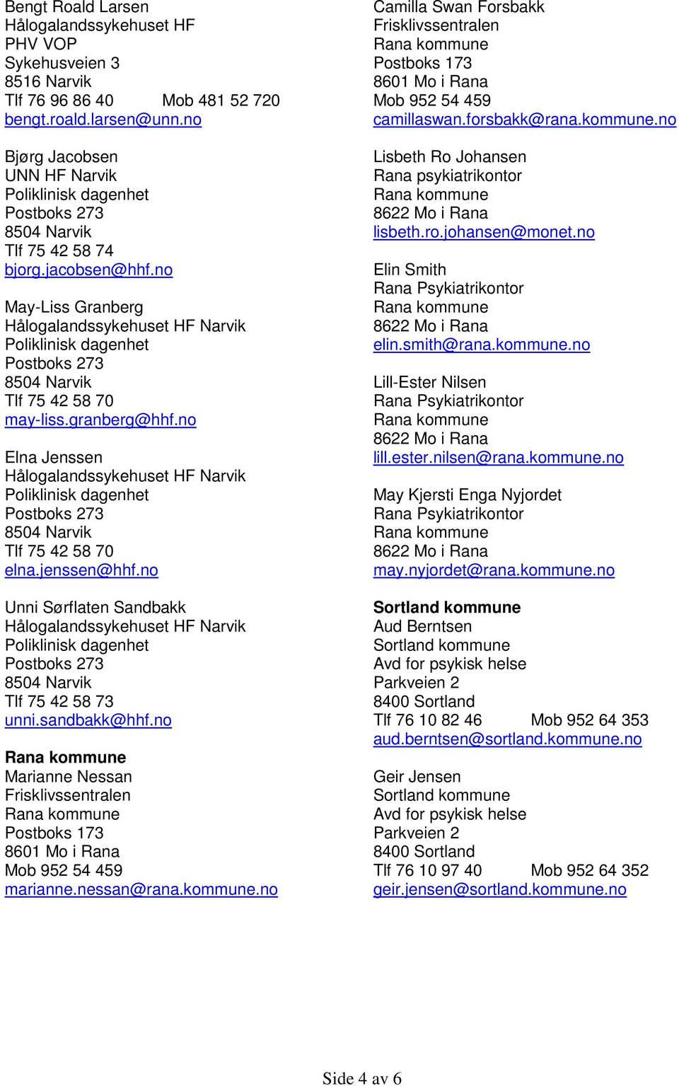 no Unni Sørflaten Sandbakk Hålogalandssykehuset HF Narvik Tlf 75 42 58 73 unni.sandbakk@hhf.no Marianne Nessan Postboks 173 8601 Mo i Rana Mob 952 54 459 marianne.nessan@rana.kommune.