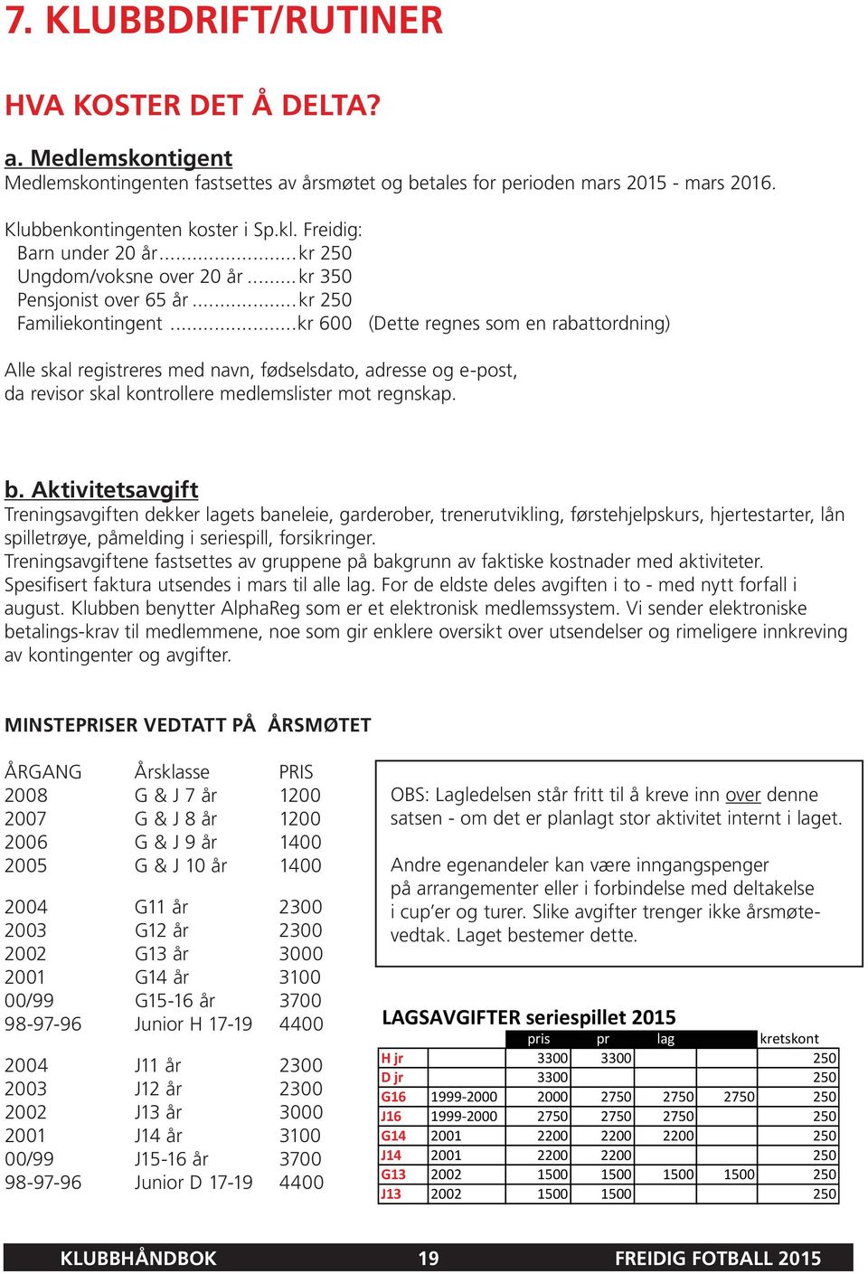 ..kr 600 (Dette regnes som en rabattordning) Alle skal registreres med navn, fødselsdato, adresse og e-post, da revisor skal kontrollere medlemslister mot regnskap. b.