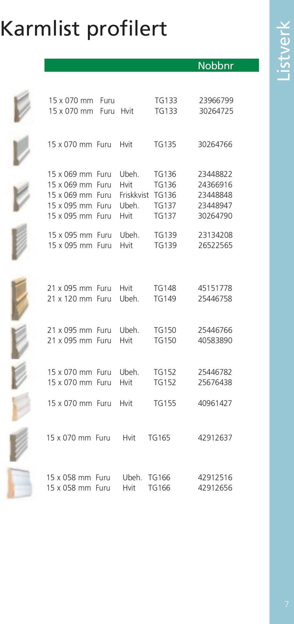 TG139 23134208 15 x 095 mm Furu Hvit TG139 26522565 21 x 095 mm Furu Hvit TG148 45151778 21 x 120 mm Furu Ubeh. TG149 25446758 21 x 095 mm Furu Ubeh.