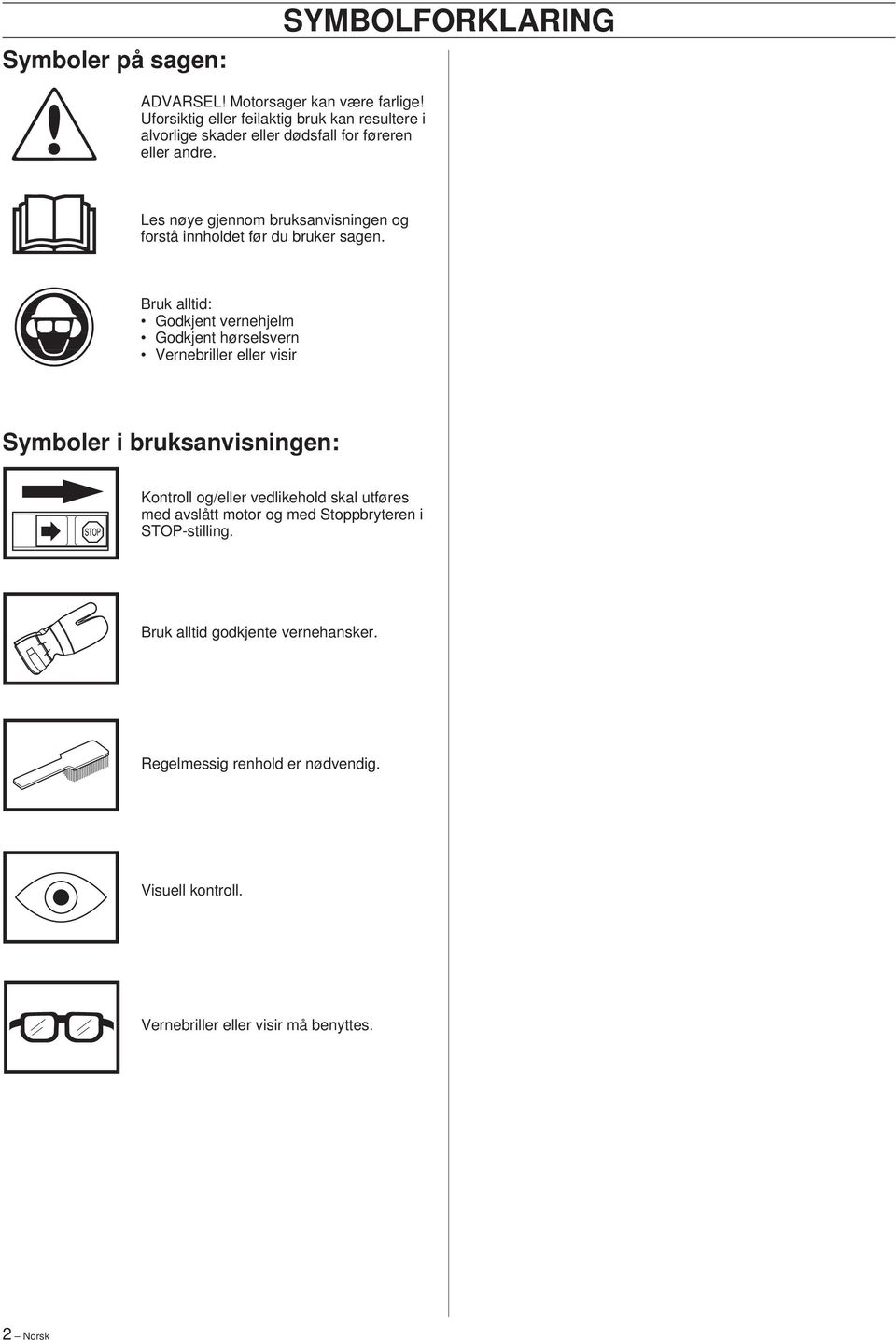 Bruk alltid: Godkjent vernehjelm Godkjent hørselsvern Vernebriller eller visir Symboler i bruksanvisningen: Kontroll og/eller vedlikehold skal