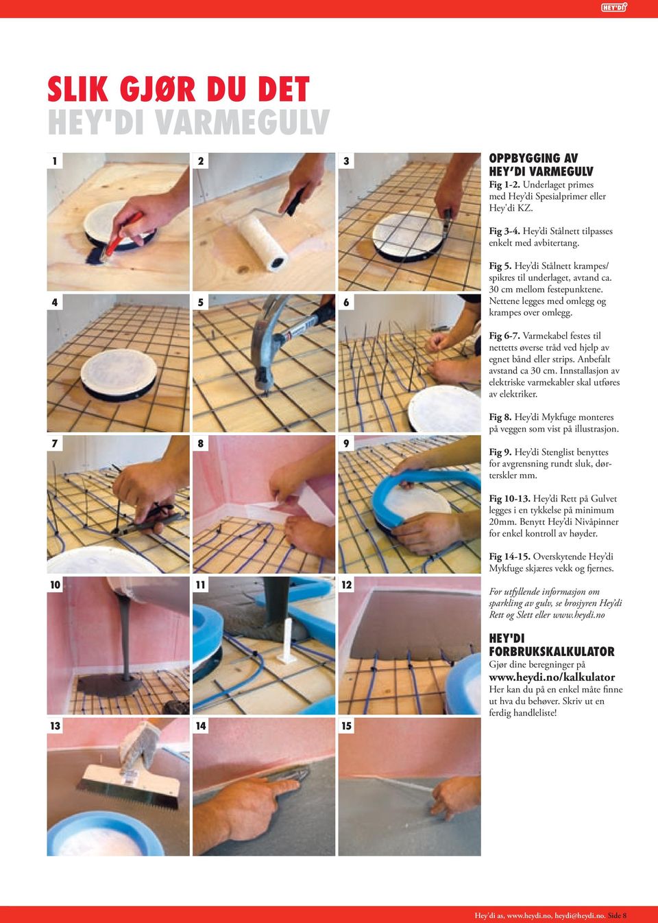 Varmekabel festes til nettetts øverse tråd ved hjelp av egnet bånd eller strips. Anbefalt avstand ca 30 cm. Innstallasjon av elektriske varmekabler skal utføres av elektriker. Fig 8.