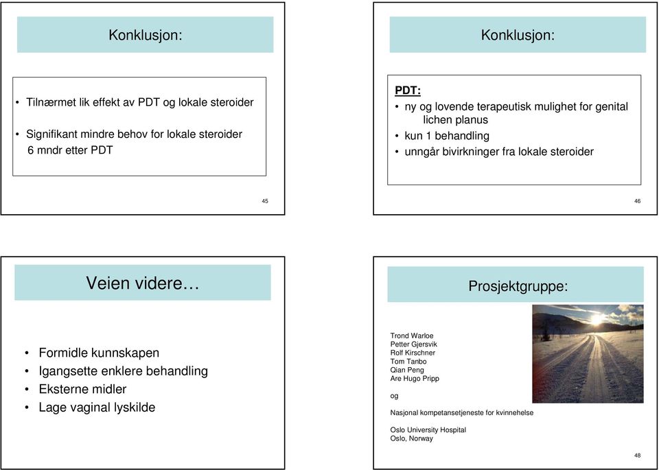 videre Prosjektgruppe: Formidle kunnskapen Igangsette enklere behandling Eksterne midler Lage vaginal lyskilde Trond Warloe Petter