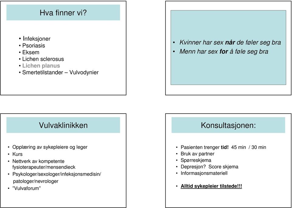 Menn har sex for å føle seg bra Vulvaklinikken Konsultasjonen: Opplæring av sykepleiere og leger Kurs Nettverk av kompetente