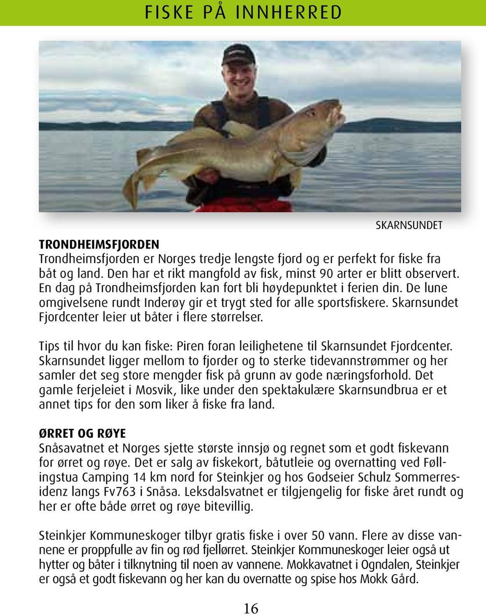 Skarnsundet Fjordcenter leier ut båter i flere størrelser. Tips til hvor du kan fiske: Piren foran leilighetene til Skarnsundet Fjordcenter.