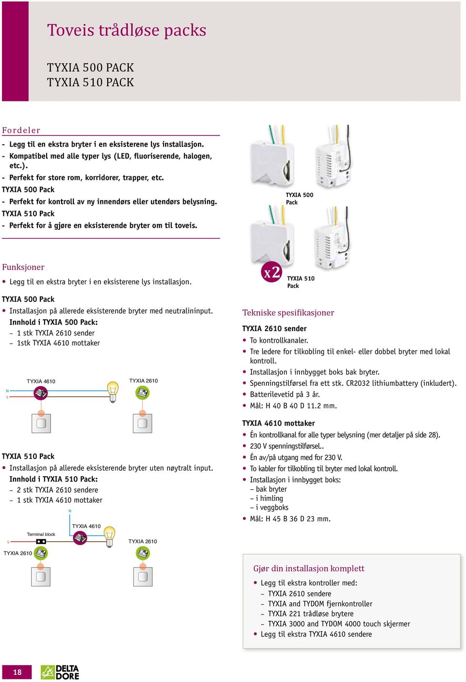 TYXIA 500 Pack Funksjoner Legg til en ekstra bryter i en eksisterene lys installasjon. TYXIA 500 Pack Installasjon på allerede eksisterende bryter med neutralininput.