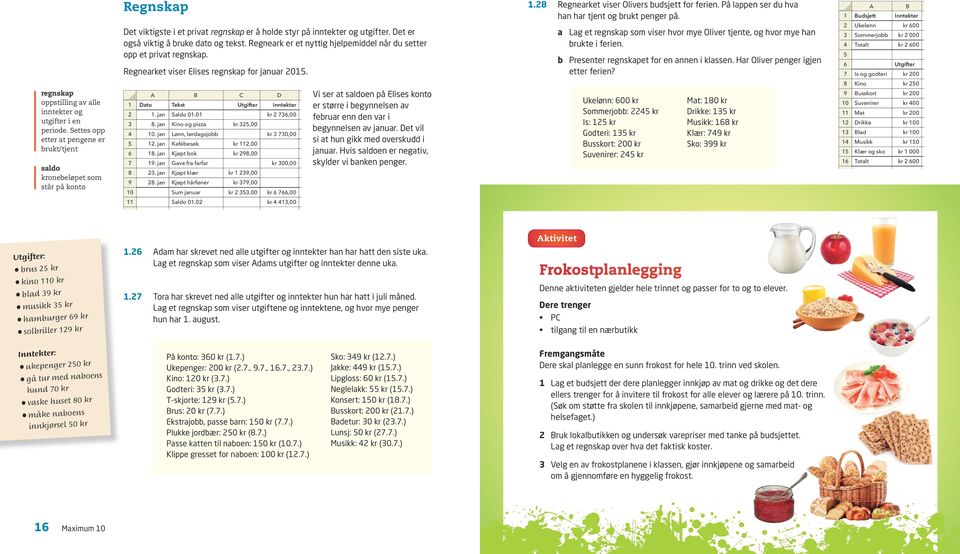 a Lag et regnskap som viser hvor mye Oliver tjente, og hvor mye han brukte i ferien. b Presenter regnskapet for en annen i klassen. Har Oliver penger igjen etter ferien?