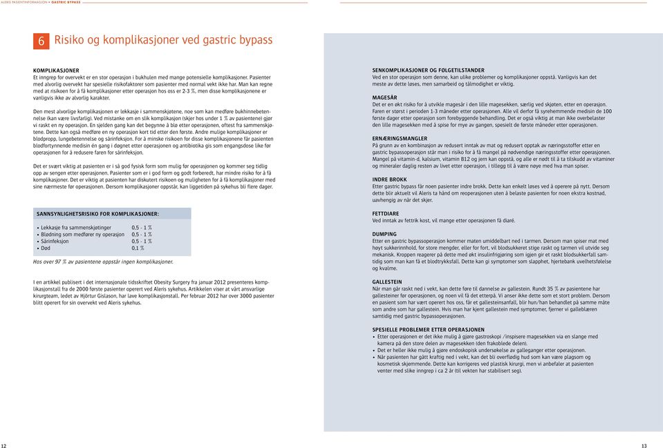 Man kan regne med at risikoen for å få komplikasjoner etter operasjon hos oss er 2-3 %, men disse komplikasjonene er vanligvis ikke av alvorlig karakter.