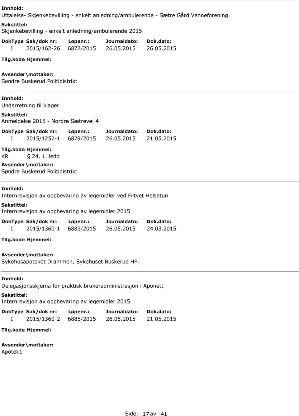 ledd Søndre Buskerud Politidistrikt nternrevisjon av oppbevaring av legemidler ved Filtvet Helsetun nternrevisjon av oppbevaring av legemidler 2015 2015/1360-1 6883/2015 24.03.