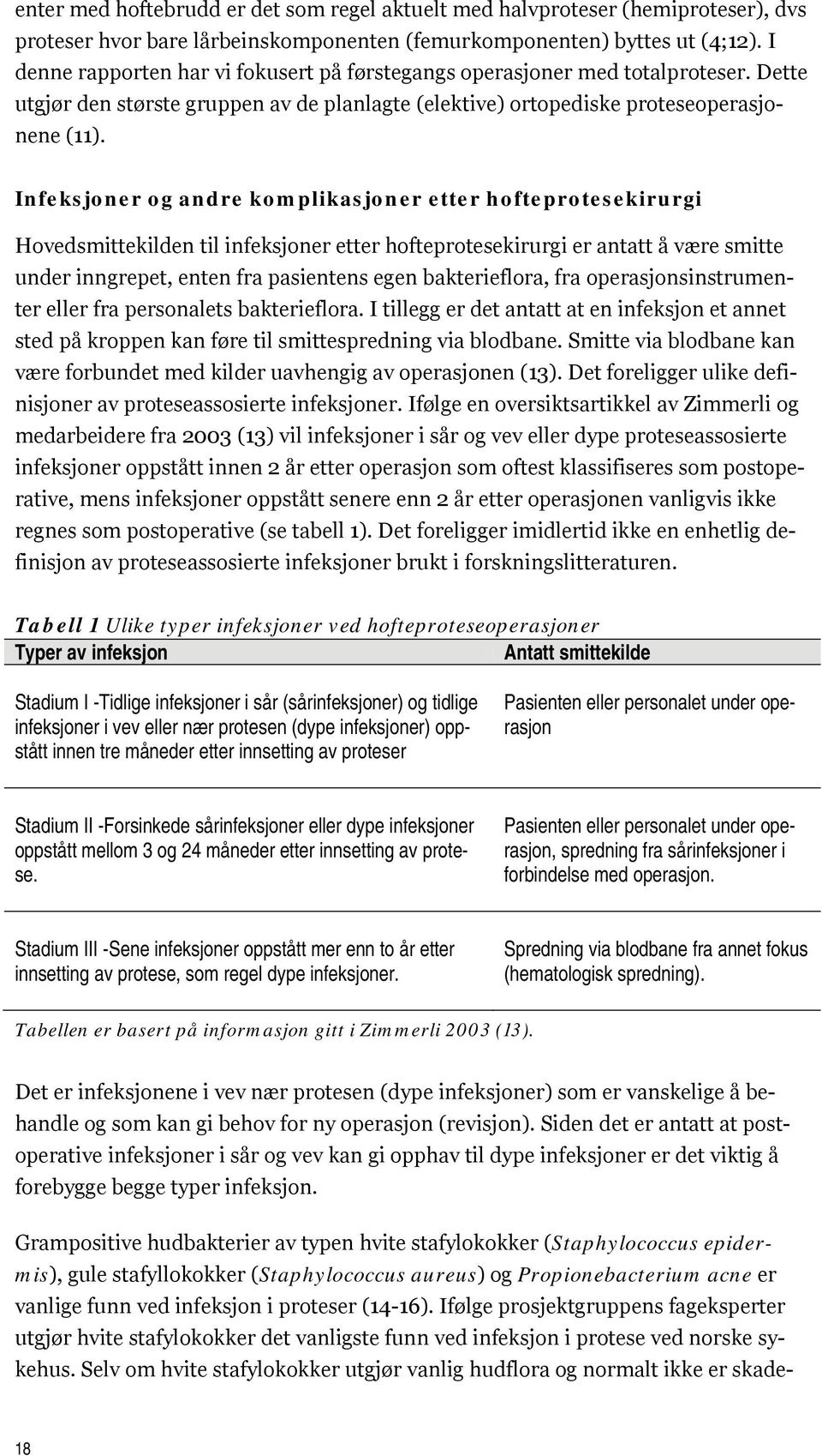 Infeksjoner og andre komplikasjoner etter hofteprotesekirurgi Hovedsmittekilden til infeksjoner etter hofteprotesekirurgi er antatt å være smitte under inngrepet, enten fra pasientens egen