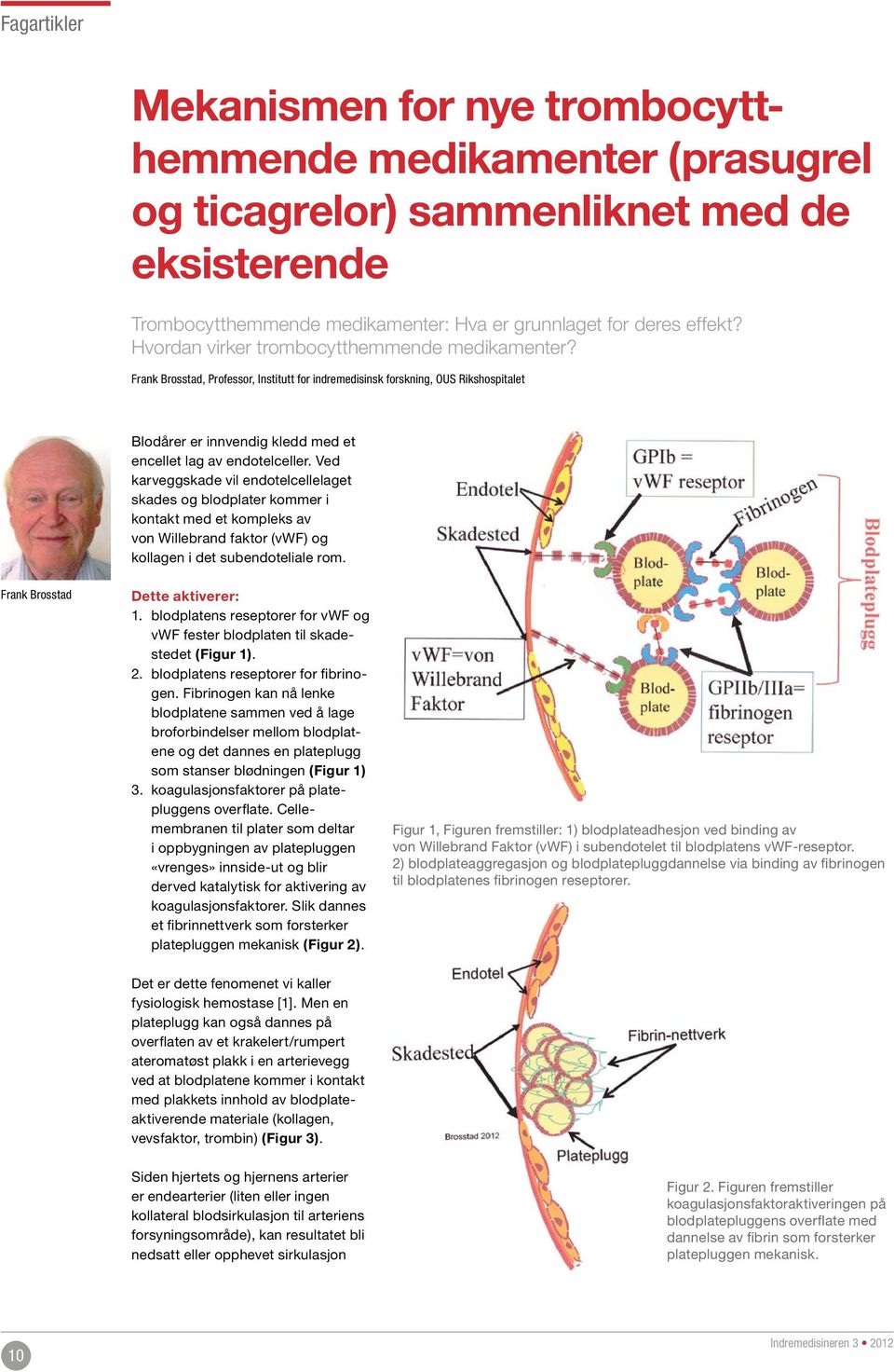 Ved karveggskade vil endotelcellelaget skades og blodplater kommer i kontakt med et kompleks av von Willebrand faktor (vwf) og kollagen i det subendoteliale rom. Frank Brosstad Dette aktiverer: 1.