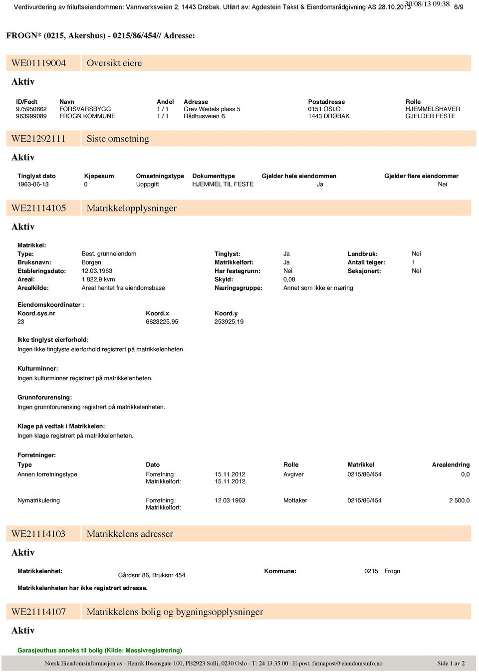 213 3/8/13 9:38 6/9 FROGN* (215, Akershus) - 215/86/454// Adresse: WE11194 Oversikt eiere ID/Født Navn Andel Adresse Postadresse Rolle 97595662 FORSVARSBYGG 1 / 1 Grev Wedels plass 5 151 OSLO