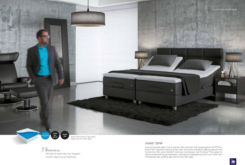 Da er Svane Zefir regulerbar seng hva du leter etter. Den leveres med Motion 2000 og reguleres med fjernkontroll.