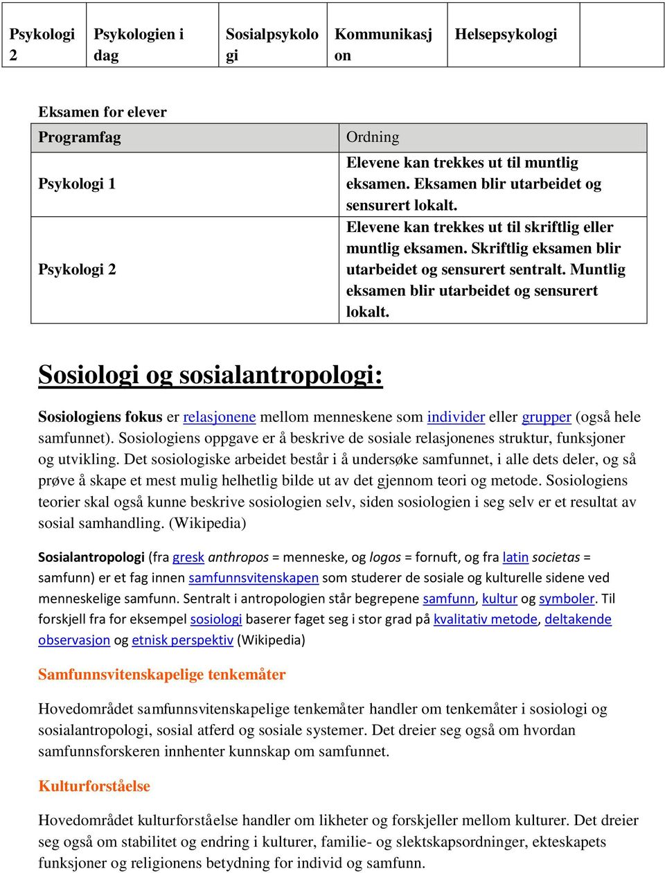 Muntlig eksamen blir utarbeidet og sensurert lokalt. Sosiologi og sosialantropologi: Sosiologiens fokus er relasjonene mellom menneskene som individer eller grupper (også hele samfunnet).