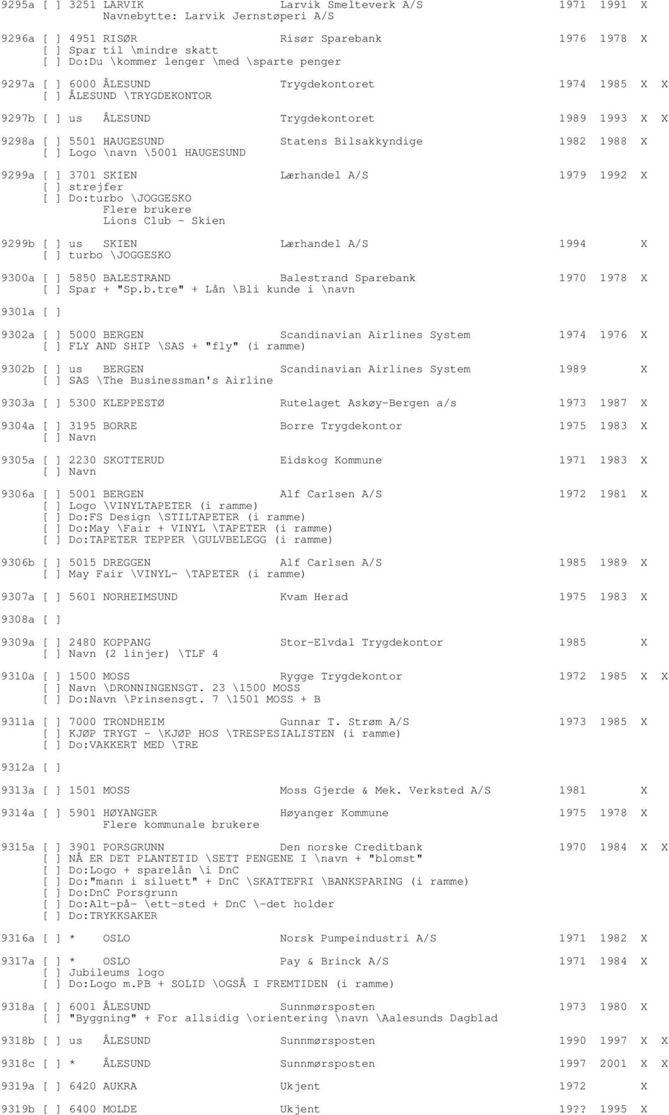 X [ ] Logo \navn \5001 HAUGESUND 9299a [ ] 3701 SKIEN Lærhandel A/S 1979 1992 X [ ] strejfer [ ] Do:turbo \JOGGESKO Lions Club - Skien 9299b [ ] us SKIEN Lærhandel A/S 1994 X [ ] turbo \JOGGESKO