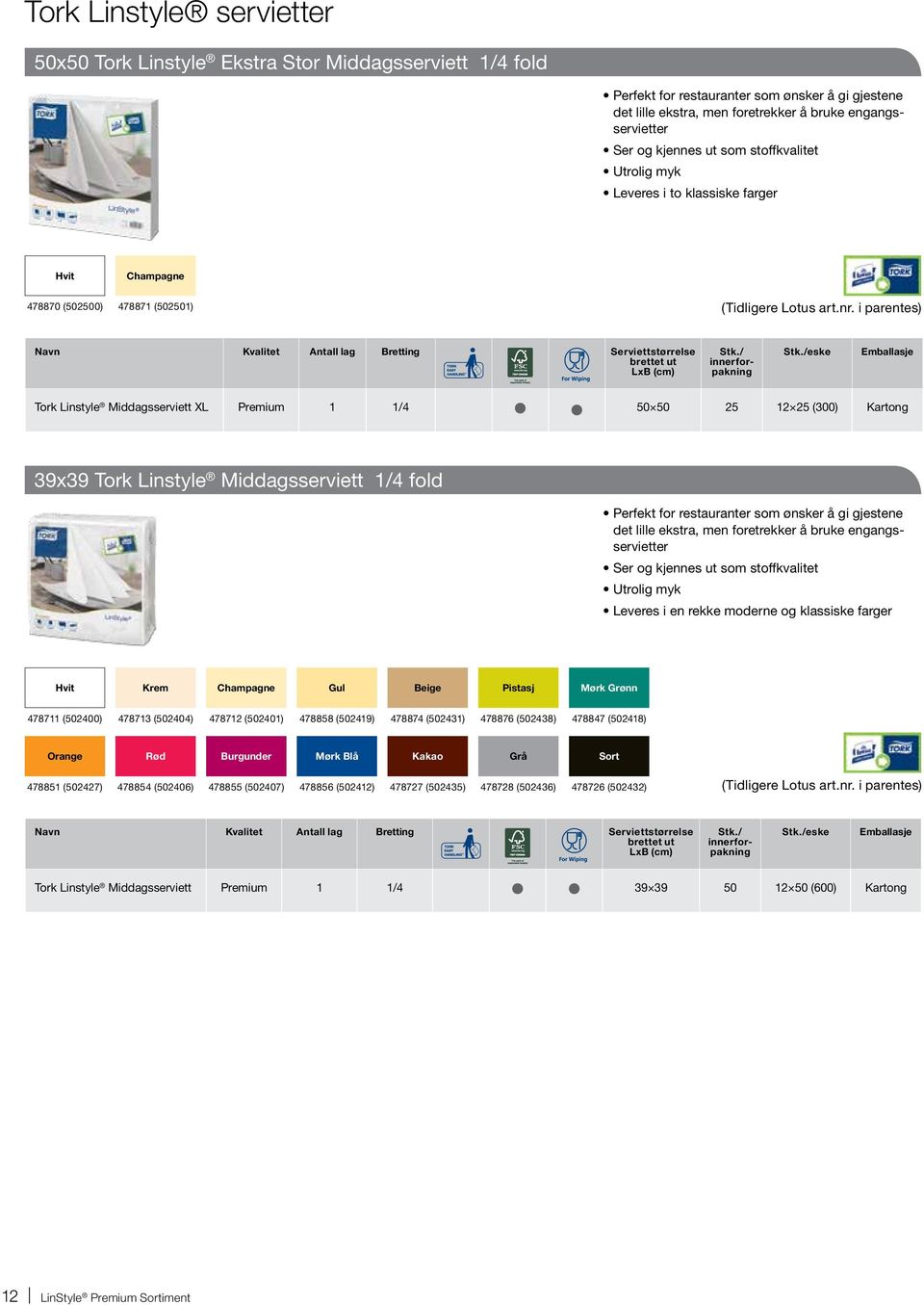 i parentes) Navn Kvalitet Antall lag Bretting Serviettstørrelse eske Tork Linstyle Middagsserviett XL Premium 1 1/4 50 50 25 12 25 (300) Kartong 39x39 Tork Linstyle Middagsserviett 1/4 fold Perfekt