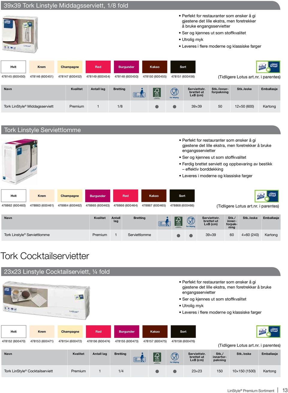 (Tidligere Lotus art.nr. i parentes) Navn Kvalitet Antall lag Bretting Serviettstr.