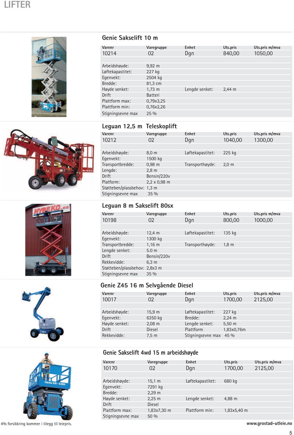 0,76x2,26 Stigningsevne max 25 % Leguan 12,5 m Teleskoplift Varegruppe Enhet Uts.