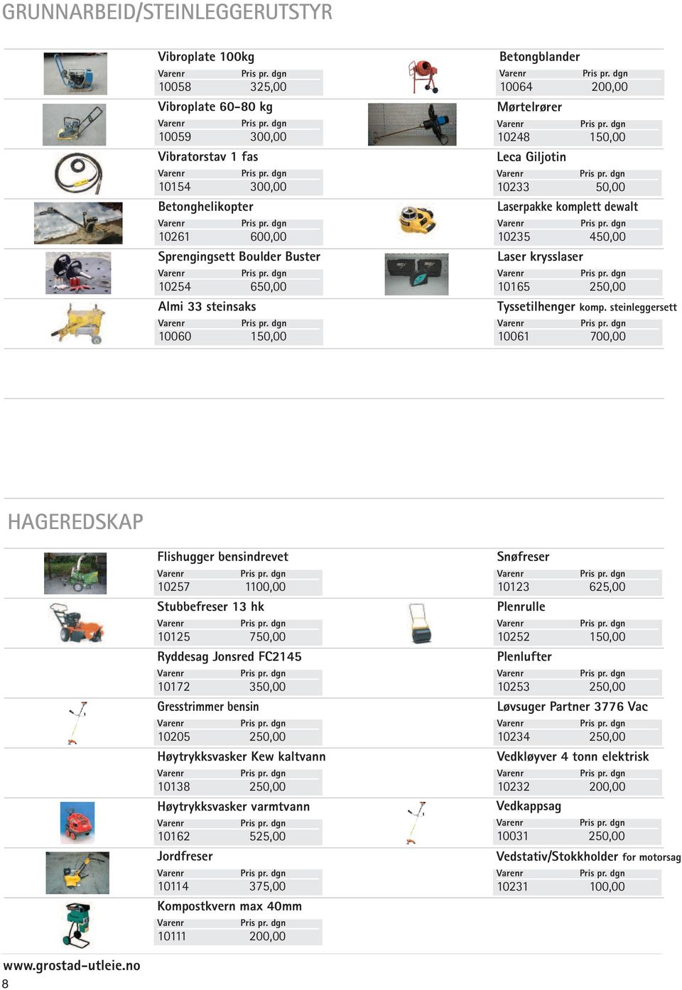 steinleggersett 10061 700,00 HAGEREDSKAP Flishugger bensindrevet 10257 1100,00 Stubbefreser 13 hk 10125 750,00 Ryddesag Jonsred FC2145 10172 350,00 Gresstrimmer bensin 10205 250,00 Høytrykksvasker