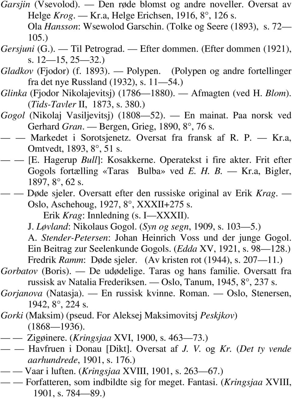 ) Glinka (Fjodor Nikolajevitsj) (1786 1880). Afmagten (ved H. Blom). (Tids-Tavler II, 1873, s. 380.) Gogol (Nikolaj Vasiljevitsj) (1808 52). En mainat. Paa norsk ved Gerhard Gran.