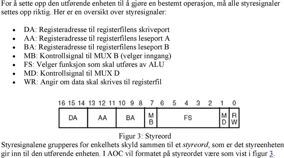 registerfilens leseport B MB: Kontrollsignal til MUX B (velger inngang) FS: Velger funksjon som skal utføres av ALU MD: Kontrollsignal til MUX D WR: Angir om data skal