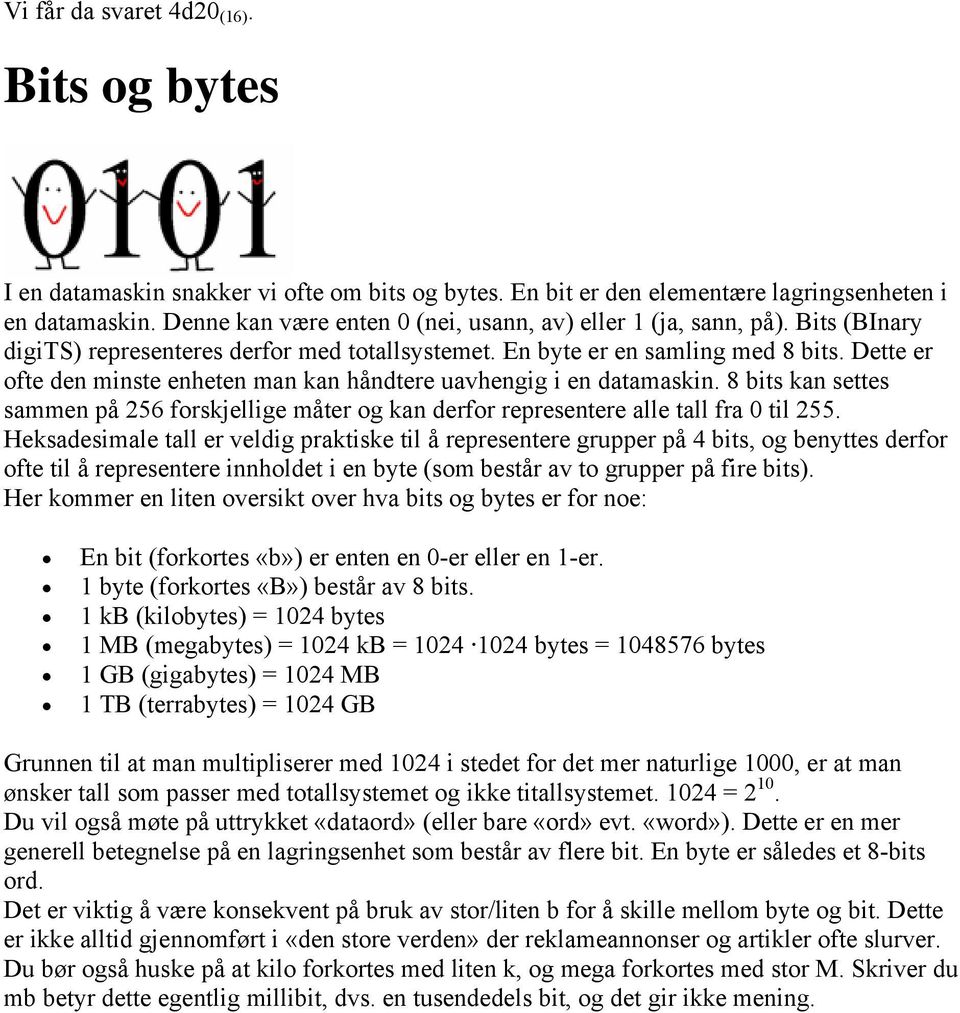 Dette er ofte den minste enheten man kan håndtere uavhengig i en datamaskin. 8 bits kan settes sammen på 256 forskjellige måter og kan derfor representere alle tall fra 0 til 255.