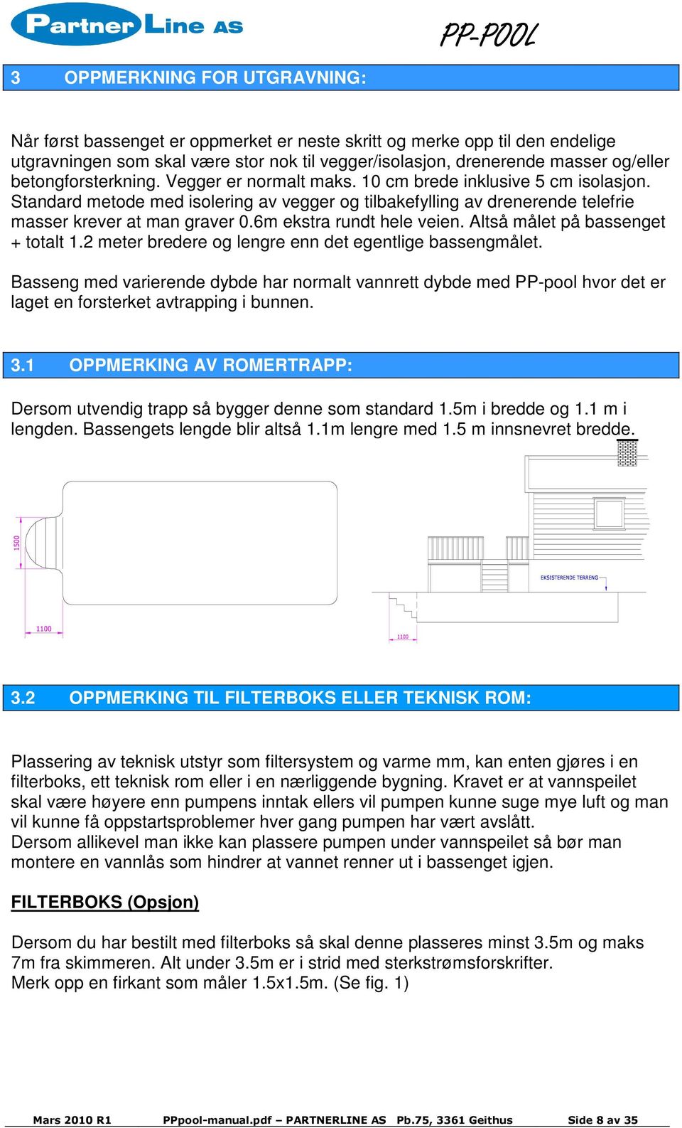 6m ekstra rundt hele veien. Altså målet på bassenget + totalt 1.2 meter bredere og lengre enn det egentlige bassengmålet.