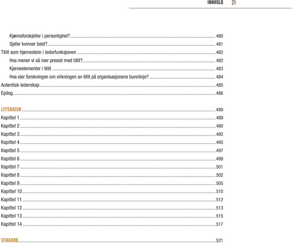 .. 483 Hva sier forskningen om virkningen av tillit på organisasjonens bunnlinje?... 484 Autentisk lederskap...485 Epilog...486 LITTeRATUR.