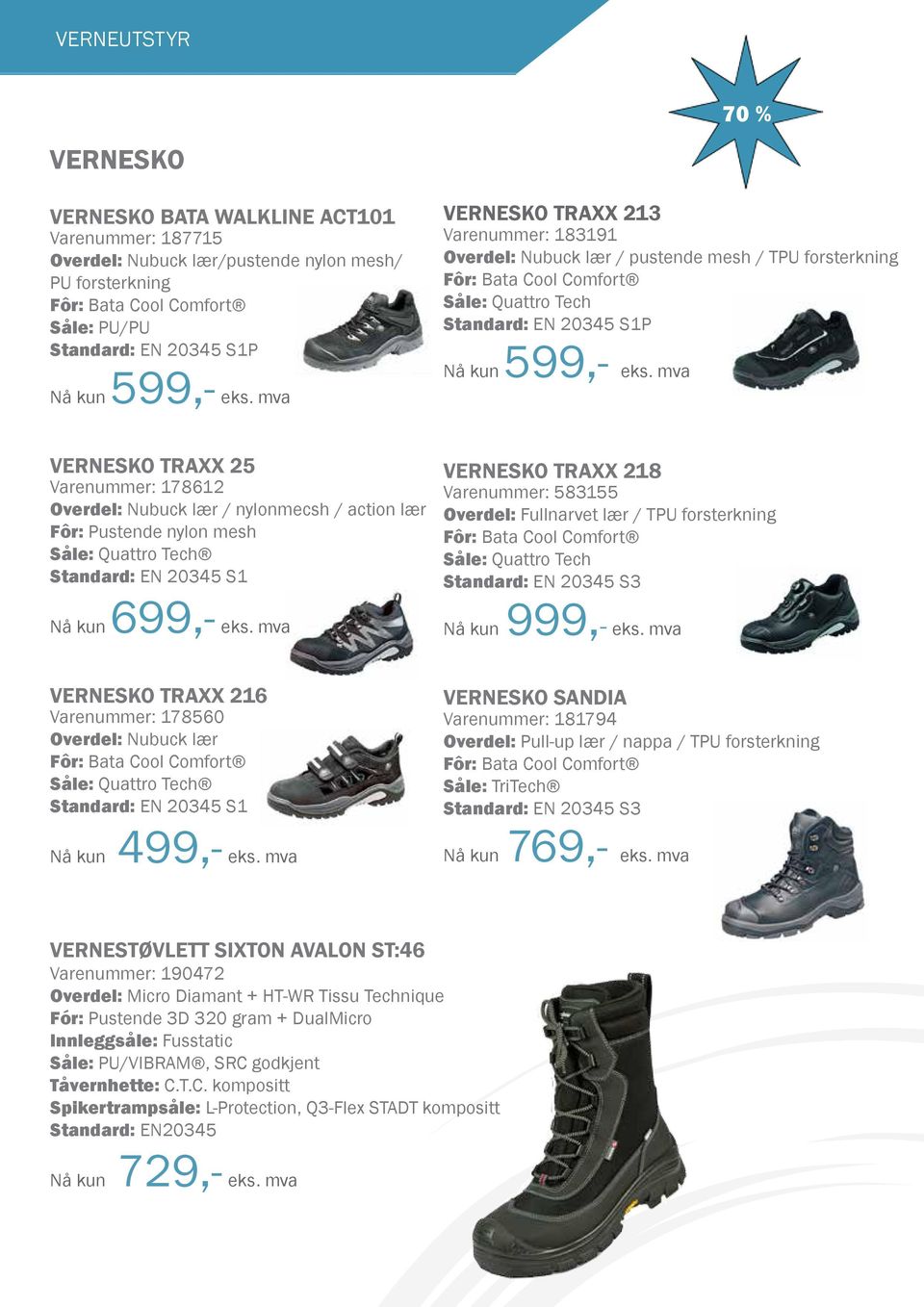 mva 70 % Vernesko Traxx 25 Varenummer: 178612 Overdel: Nubuck lær / nylonmecsh / action lær Fôr: Pustende nylon mesh Såle: Quattro Tech Standard: EN 20345 S1 Nå kun 699,- eks.