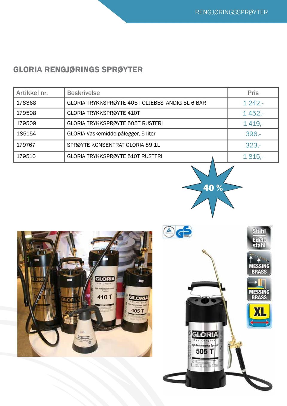 TRYKKSPRØYTE 410T 1 452,- 179509 GLORIA TRYKKSPRØYTE 505T RUSTFRI 1 419,- 185154 GLORIA