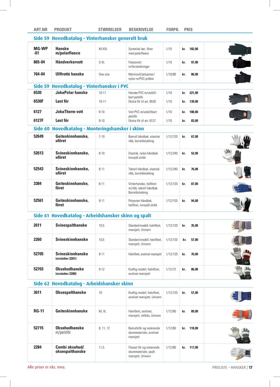 86,00 nylon m/pvc-prikker Side 59 Hovedkatalog - Vinterhansker i PVC 6530 JokaPolar hanske 10-11 Hanske PVC m/utskift- 1/10 kr. 221,00 bart pelsfôr 6530F Løst fôr 10-11 Ekstra fôr til art.