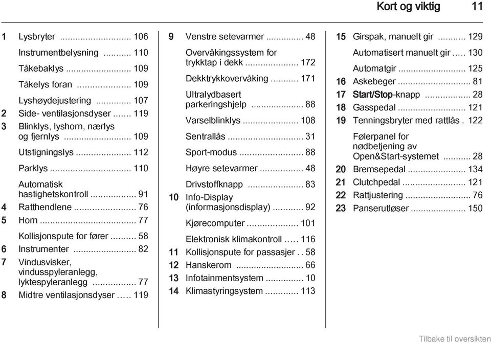 .. 82 7 Vindusvisker, vindusspyleranlegg, lyktespyleranlegg... 77 8 Midtre ventilasjonsdyser... 119 9 Venstre setevarmer... 48 Overvåkingssystem for trykktap i dekk... 172 Dekktrykkovervåking.