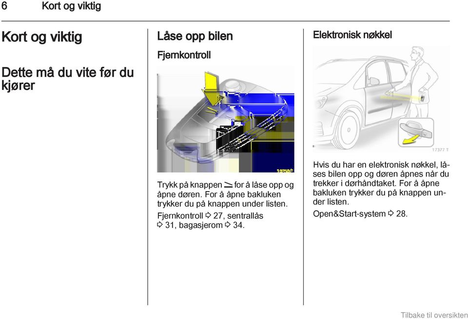 Fjernkontroll 3 27, sentrallås 3 31, bagasjerom 3 34.