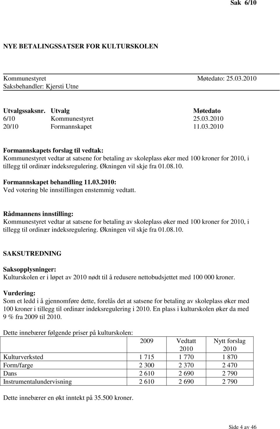 2010 20/10 Formannskapet 11.03.2010 Formannskapets forslag til vedtak: Kommunestyret vedtar at satsene for betaling av skoleplass øker med 100 kroner for 2010, i tillegg til ordinær indeksregulering.