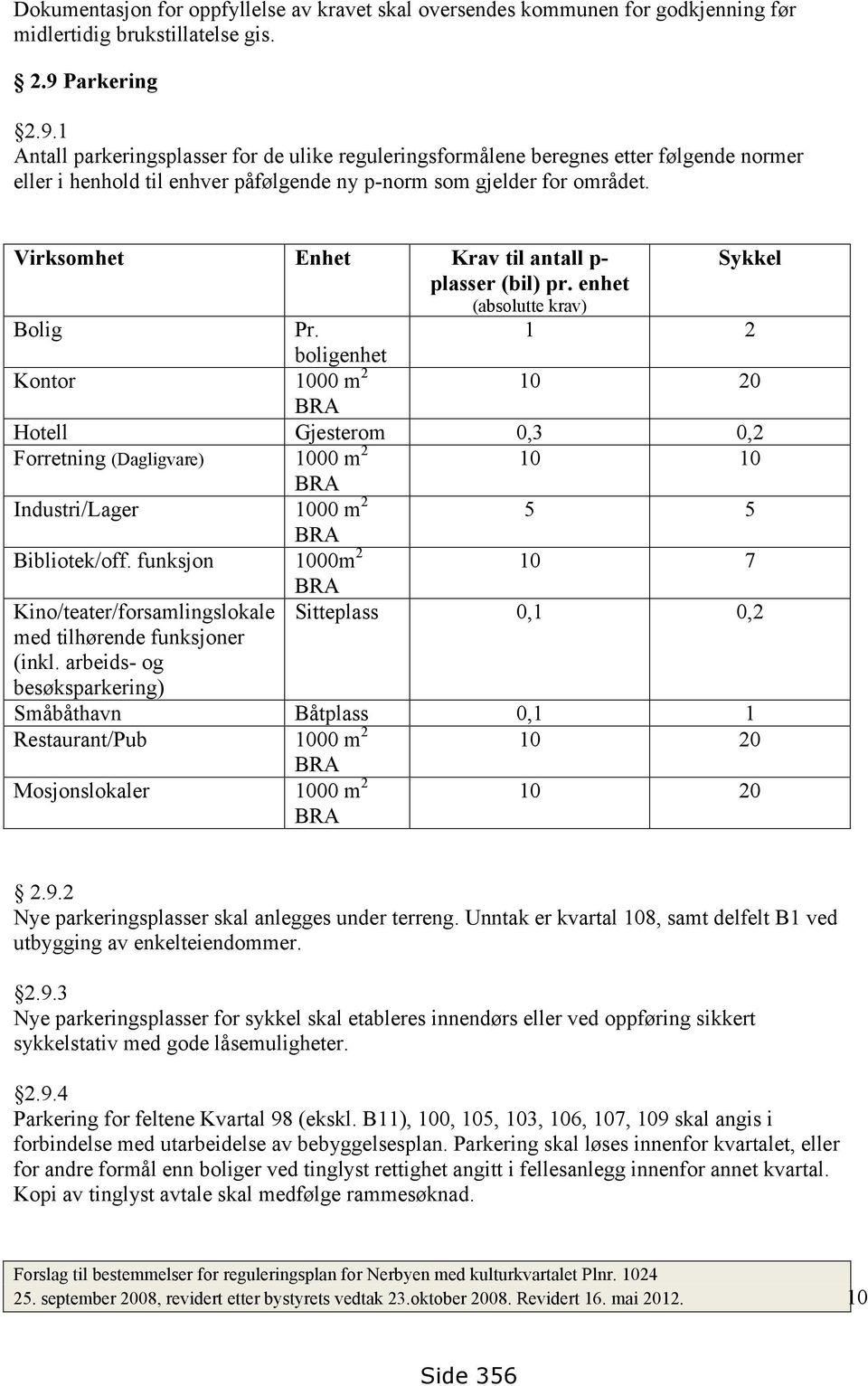 Virksomhet Enhet Krav til antall p- Sykkel plasser (bil) pr. enhet (absolutte krav) Bolig Pr.