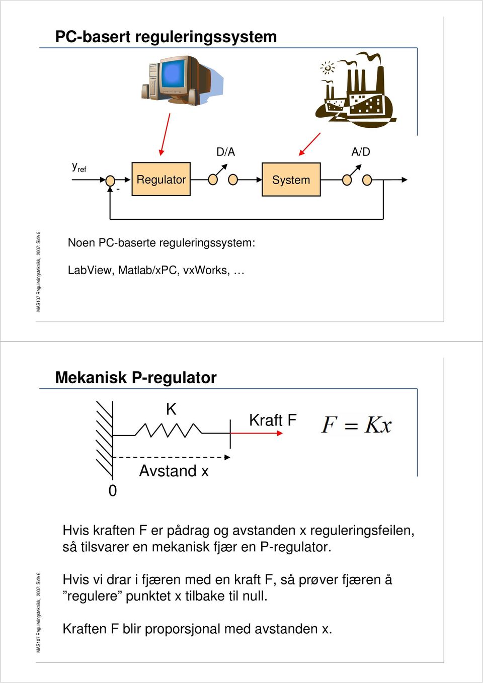 avstanden x reguleringsfeilen, så tilsvarer en mekanisk fjær en P-regulator.