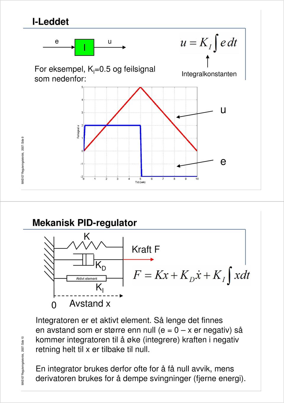 element K I 0 Avstand x MAS107 Reguleringsteknikk, 2007: Side 10 Integratoren er et aktivt element.