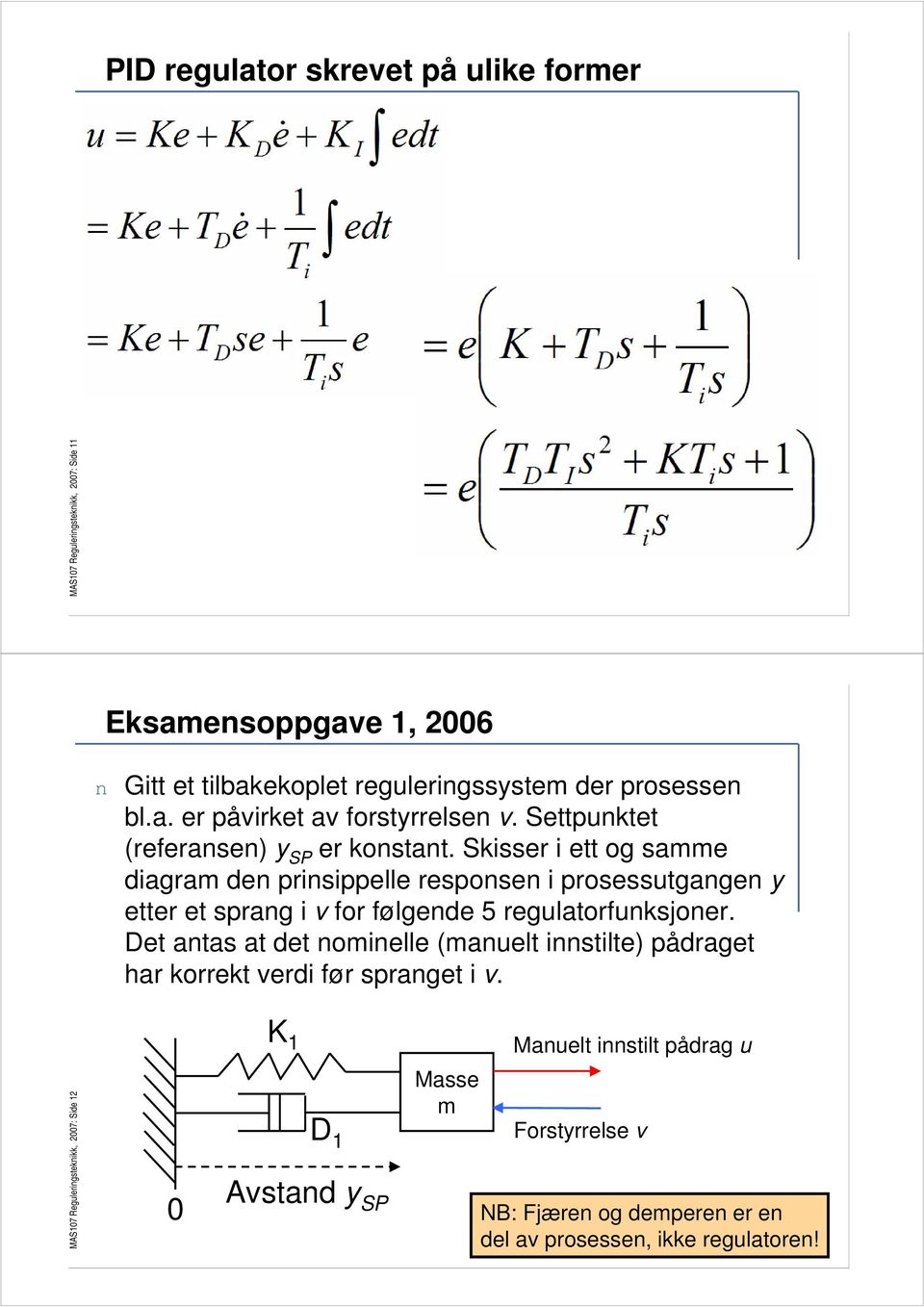 Skisser i ett og samme diagram den prinsippelle responsen i prosessutgangen y etter et sprang i v for følgende 5 regulatorfunksjoner.